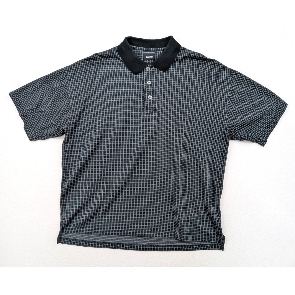 IZOD Double Mercerized Polo Shirt Black Grid Check Cotton Large